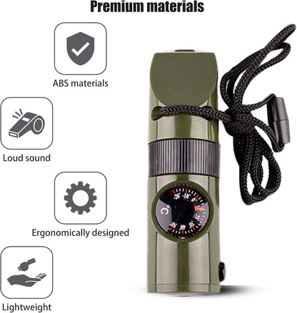 Emergency Survival Whistle,Multifunctional Outdoor Tools,Loud Safety Signaling,Compass/Thermometer/Light/Magnifier/Reflector Mirror/Storage Room/Lanyard,Expedition/Exploration/Hiking/Camping/Climbing