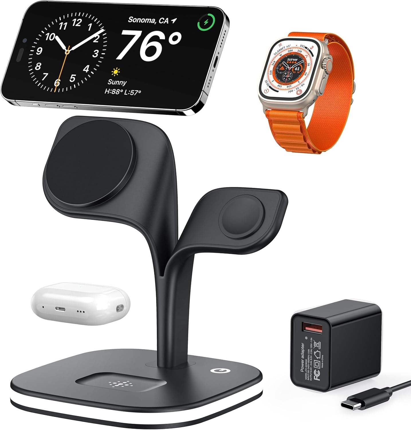 EXW Magnetic Charging Station, 3 in 1 Fast Mag-Safe Wireless Charger Stand for iPhone 16,15,14,13,12 Pro/Max/Mini/Plus, Apple Watch 2-10/SE and Airpods 4/3/2/Pro/Pro 2 with LED and Adapter (Black)