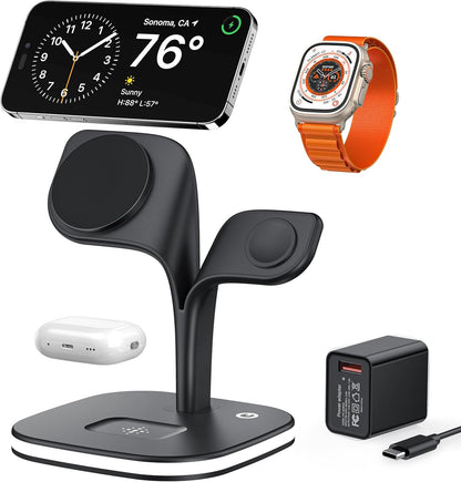 EXW Magnetic Charging Station, 3 in 1 Fast Mag-Safe Wireless Charger Stand for iPhone 16,15,14,13,12 Pro/Max/Mini/Plus, Apple Watch 2-10/SE and Airpods 4/3/2/Pro/Pro 2 with LED and Adapter (Black)
