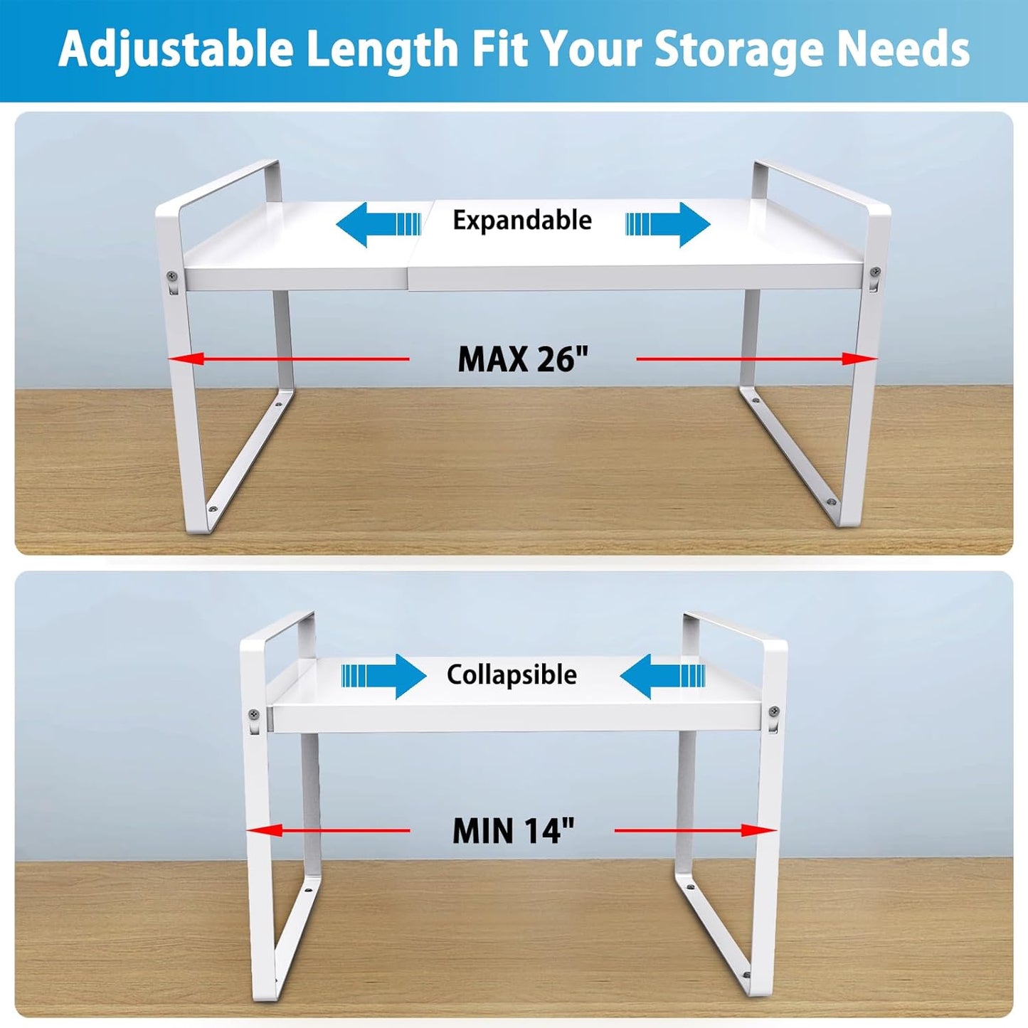Adjustable Kitchen Shelf Organizer 11" Wide (2 Pack) Heavy-Duty Cabinet Shelves for Countertop, Pantry & Microwave, Expandable Space-Saving Storage Rack with Non-Slip Pads, White