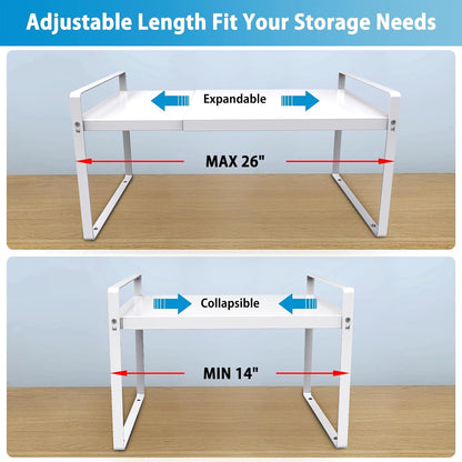 Adjustable Kitchen Shelf Organizer 11" Wide (2 Pack) Heavy-Duty Cabinet Shelves for Countertop, Pantry & Microwave, Expandable Space-Saving Storage Rack with Non-Slip Pads, White