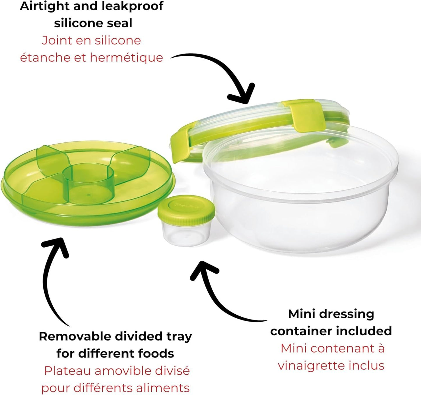 STARFRIT Easy Lunch Salad Container - Removable Tray and Dressing Container - 44oz/1.3L - Airtight & Leakproof - 4-Sided Locking Lid