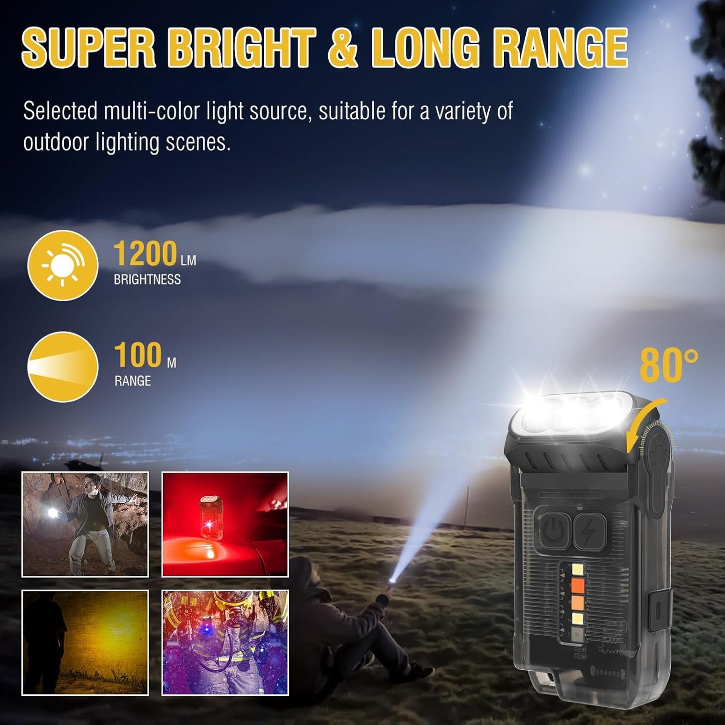 BORUiT V15 LED Small Powerful EDC Flashlight with Warm White Red Light,Bright 1200LM USB C Rechargeable 10 Modes Mini Pocket Keychain Flash Light with Clip,IP67 Waterproof,80°Head Swivels,Tail Magnet