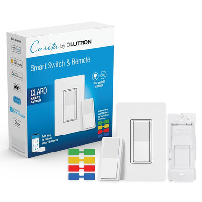 Lutron Claro Smart Switch 3-Way Kit for Caseta Smart Lighting, with Wall Plate, Pico Paddle Remote, Wallmount Bracket, and Label Stickers, 5 Amp, Single Pole/3-Way, Neutral Required, DVRF-PKG1S-WH