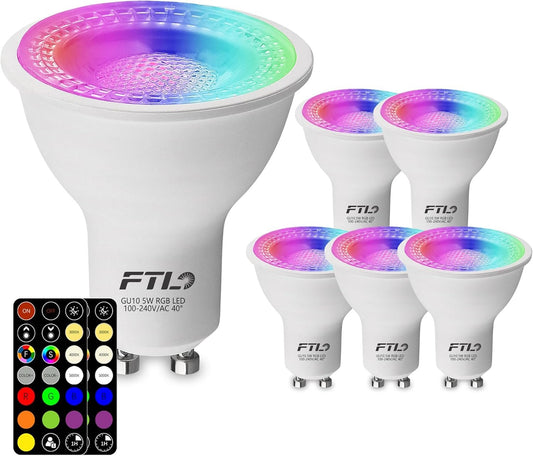 FTL GU10 Color Changing Light Bulb with Remote Control, RGB LED Dimmable Colored Light Bulbs 5W 40W Equivalent, 2700K-6000K, 30 Colors, Timer, Spot Light Bulb for Track Recessed Lighting, 6 Pack