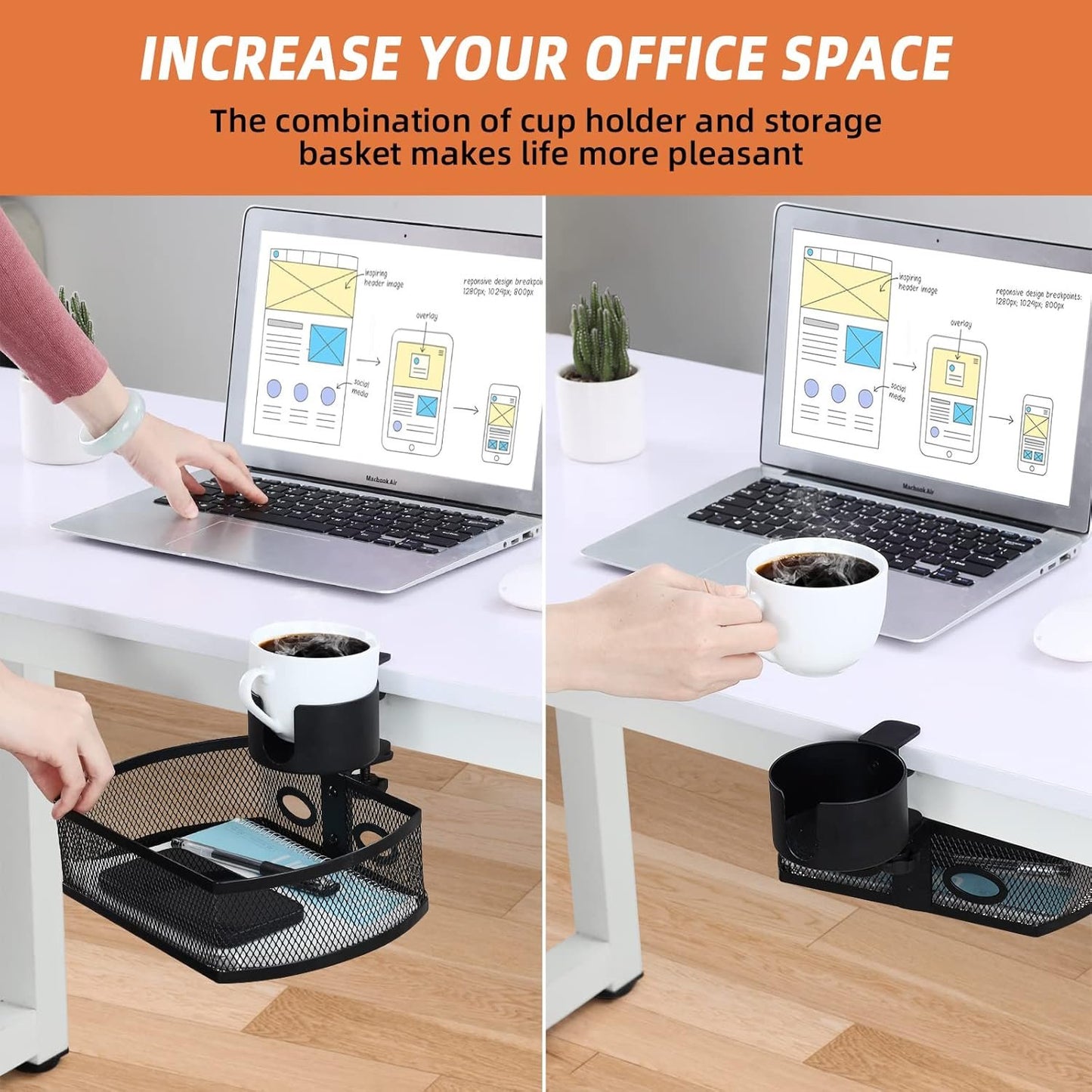 AnExer Under Desk Storage, Desk Cup Holder, 360 ° Rotary Desk Storage Organizer, C-clamp Mounting and Do Not Hurt The Table- Reduce Desk Clutter with Office Desk Basket & Clip on Cup Holder (Black)