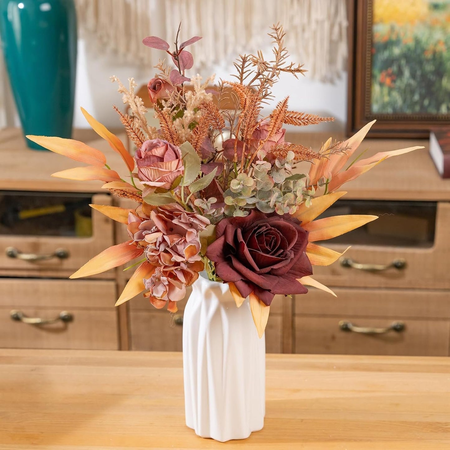 Alynsehom Artificial Fake Flowers Plants Silk Flower Arrangements Wedding Bouquets Decorations Plastic Floral Table Centerpieces for Home Kitchen Garden Party Decor (Pink Burgundy)