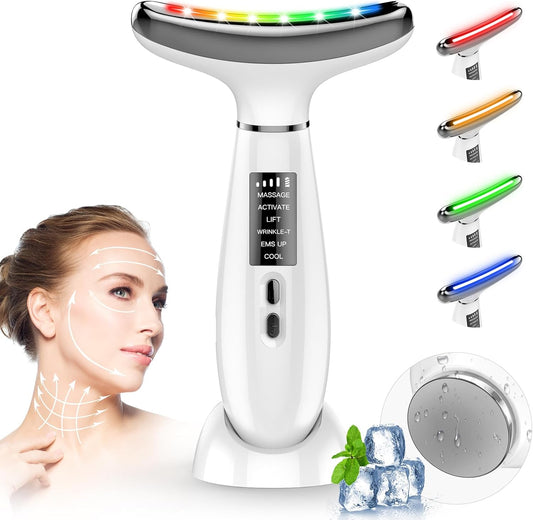 Electric Face Massager, Lifting Face Massager with 6 Modes at 45°C for Anti-Aging, Lifting and Firming Sagging Skin (4 Colour LED Mode - White)