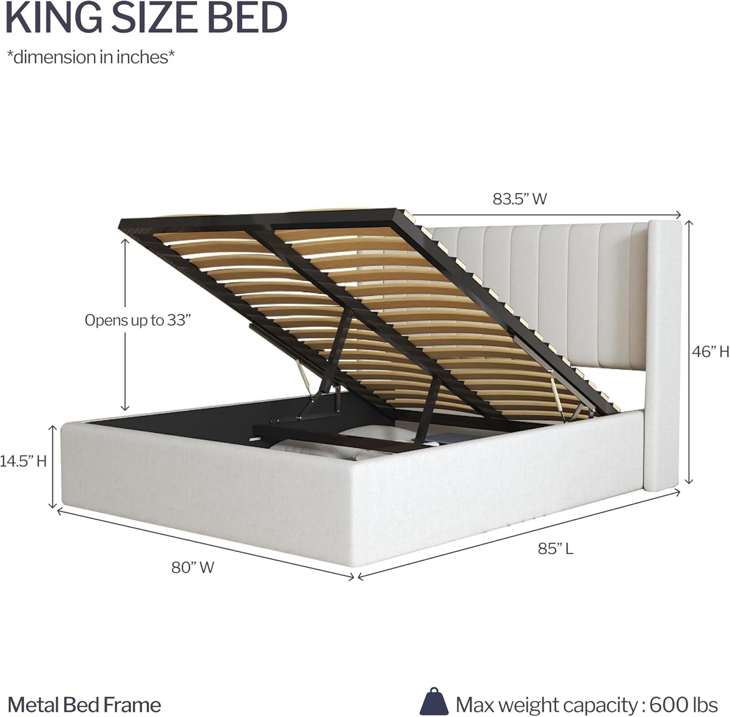 Modern Cream King Size Bed Frame with Storage, Foam Filled Fabric, Modern Wingback Design Bed, Metal Bed Frame with High Headboard, Wood Slat Support, No Box Spring Required (Cream, King Bed)