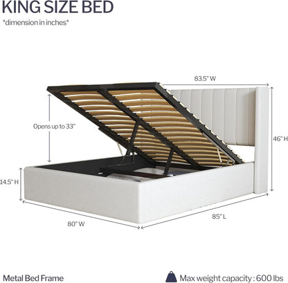 Modern Cream King Size Bed Frame with Storage, Foam Filled Fabric, Modern Wingback Design Bed, Metal Bed Frame with High Headboard, Wood Slat Support, No Box Spring Required (Cream, King Bed)