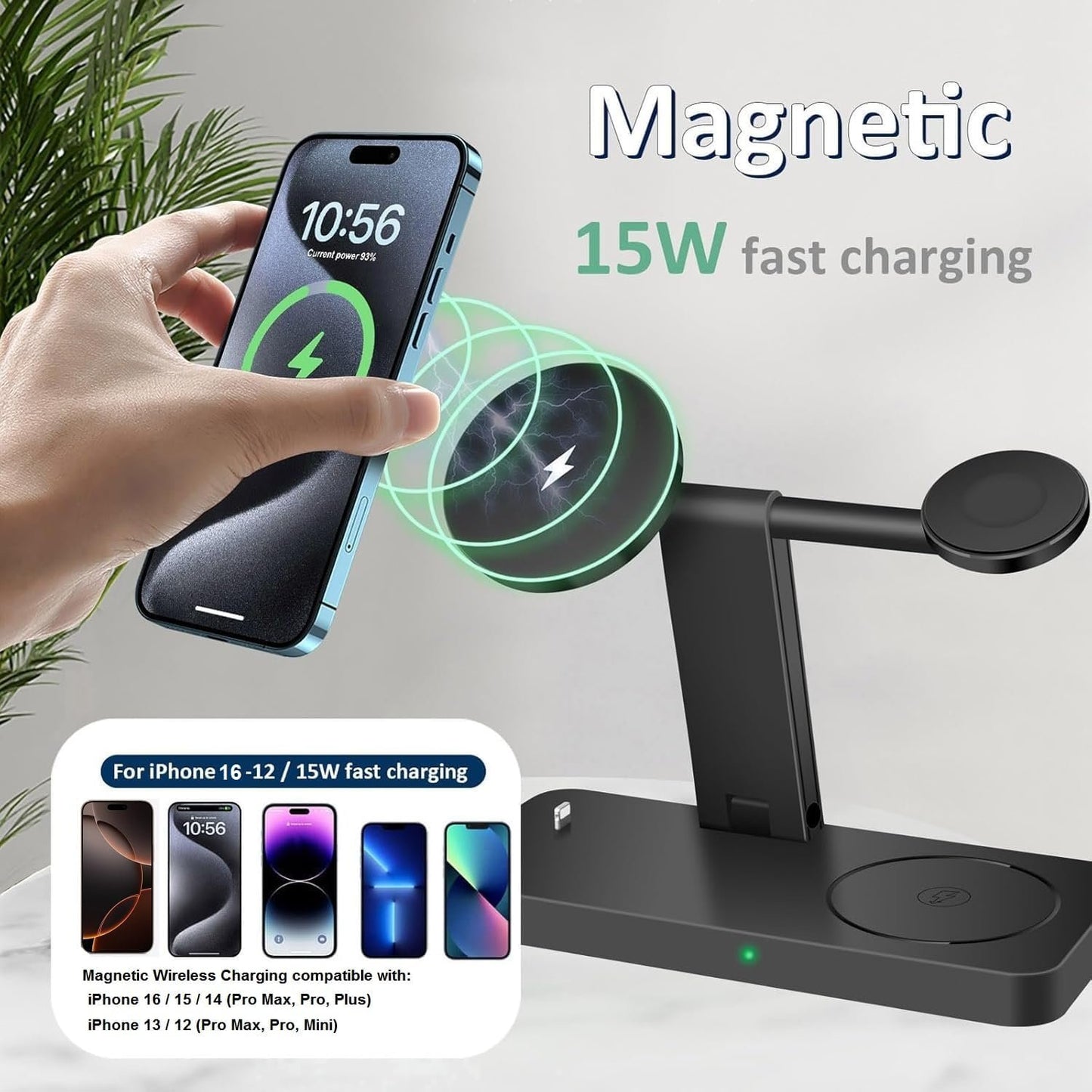 4 in 1 Wireless Charger Stand Magnetic Wireless Charging Station Compatible with Apple Watch Series 10/9/8/7/6/5/4/3/SE/Ultra, AirPods, iPhone 16/15/14/13/12/Pro/Pro Max/Mini (No AC Adapter)