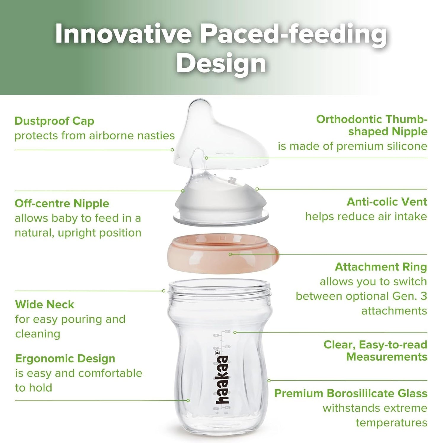 haakaa Gen.3 Natural Glass Baby Bottle -Wide Neck Anti-Colic Variable Flow Nipple - 6M+ Breastfed Babies Newborn Registry Essentials,BPA-Free, 6 oz/180 ml, Peach
