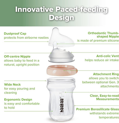 haakaa Gen.3 Natural Glass Baby Bottle -Wide Neck Anti-Colic Variable Flow Nipple - 6M+ Breastfed Babies Newborn Registry Essentials,BPA-Free, 6 oz/180 ml, Peach