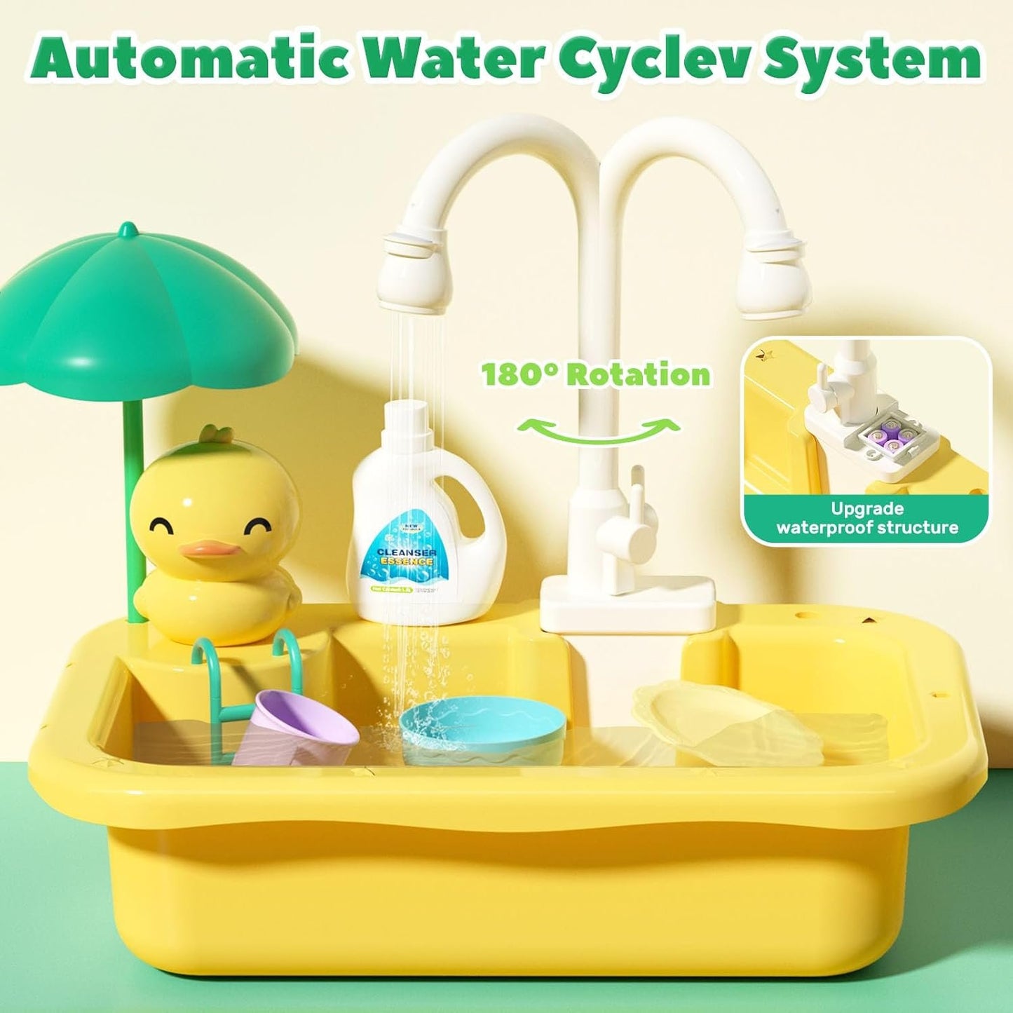 CUTE STONE Play Sink with Running Water, Kitchen Sink Toys with Upgraded Electric Faucet, Play Food Toys, Pool Floating Fishing Toys for Water Play, Kids Role Play Dishwasher Toy Gift for Boys Girls