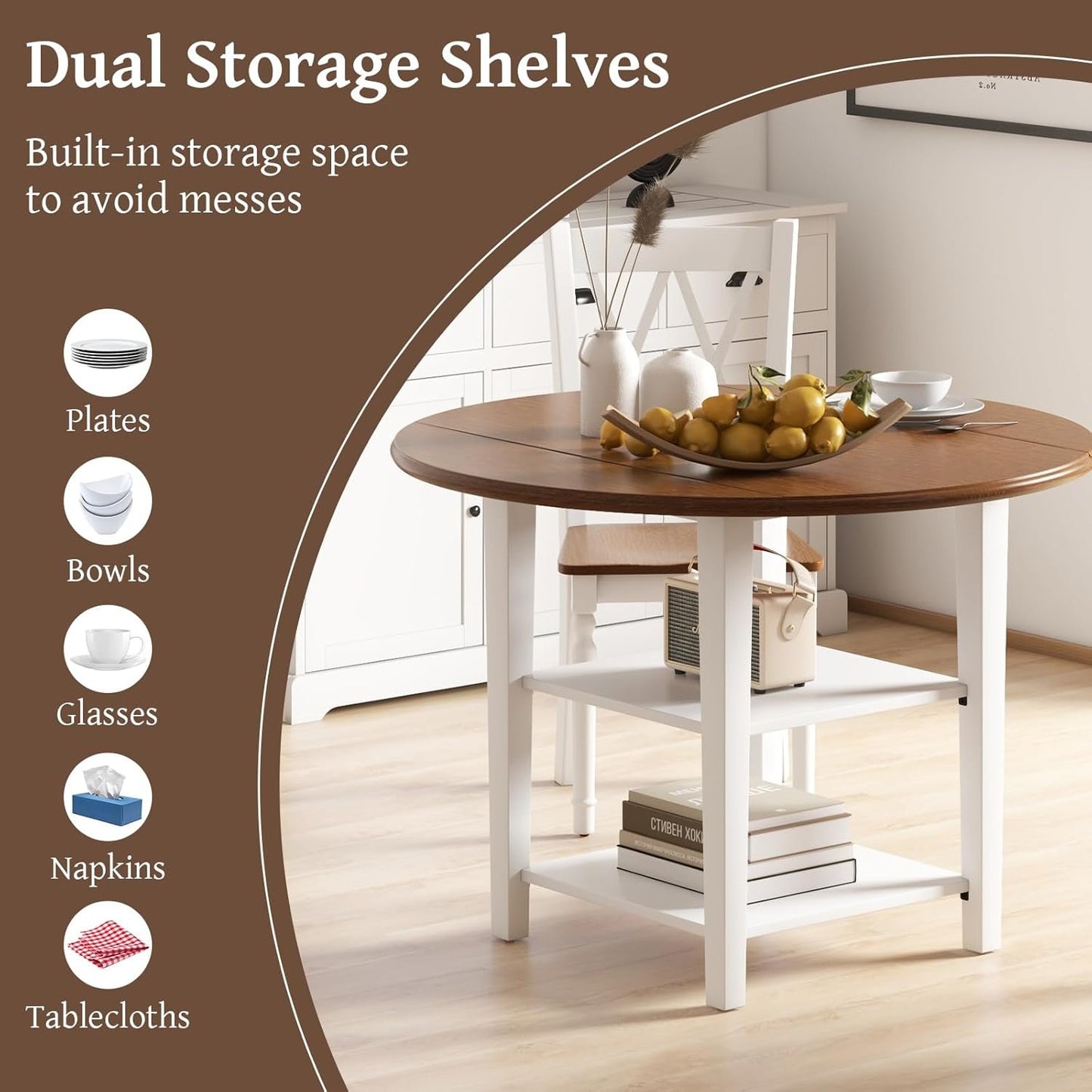 Giantex 42.5 Inches Round Dining Table, Drop Leaf Kitchen Table with Storage Shelves, Expandable Tabletop for Small Space, Dining Room, Living Room, Dinner Table for 4