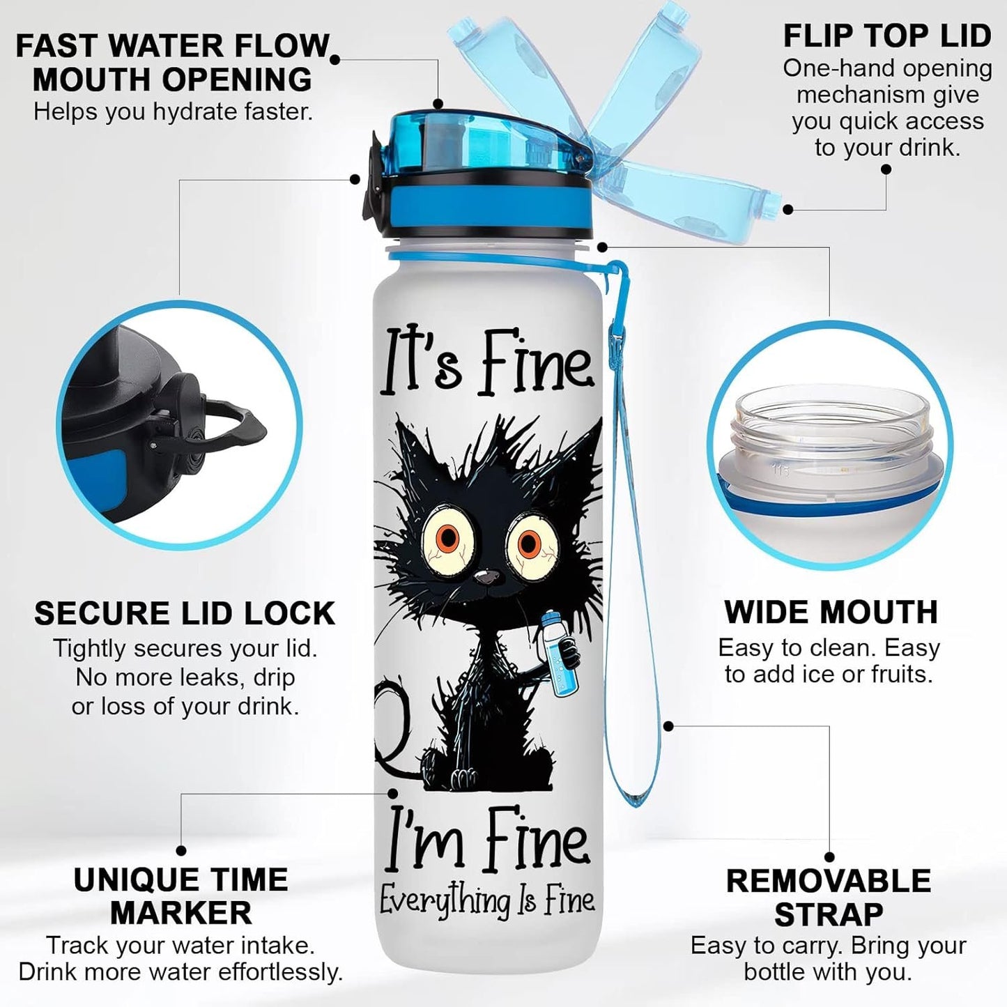 Crazy Cat Water Bottle 32 oz Tritan Plastic, Its Fine Everything Is Fine Water Bottle, Funny Birthday Mothers Day Halloween Christmas Gifts for Pet Lovers Cat Mom Lady Women