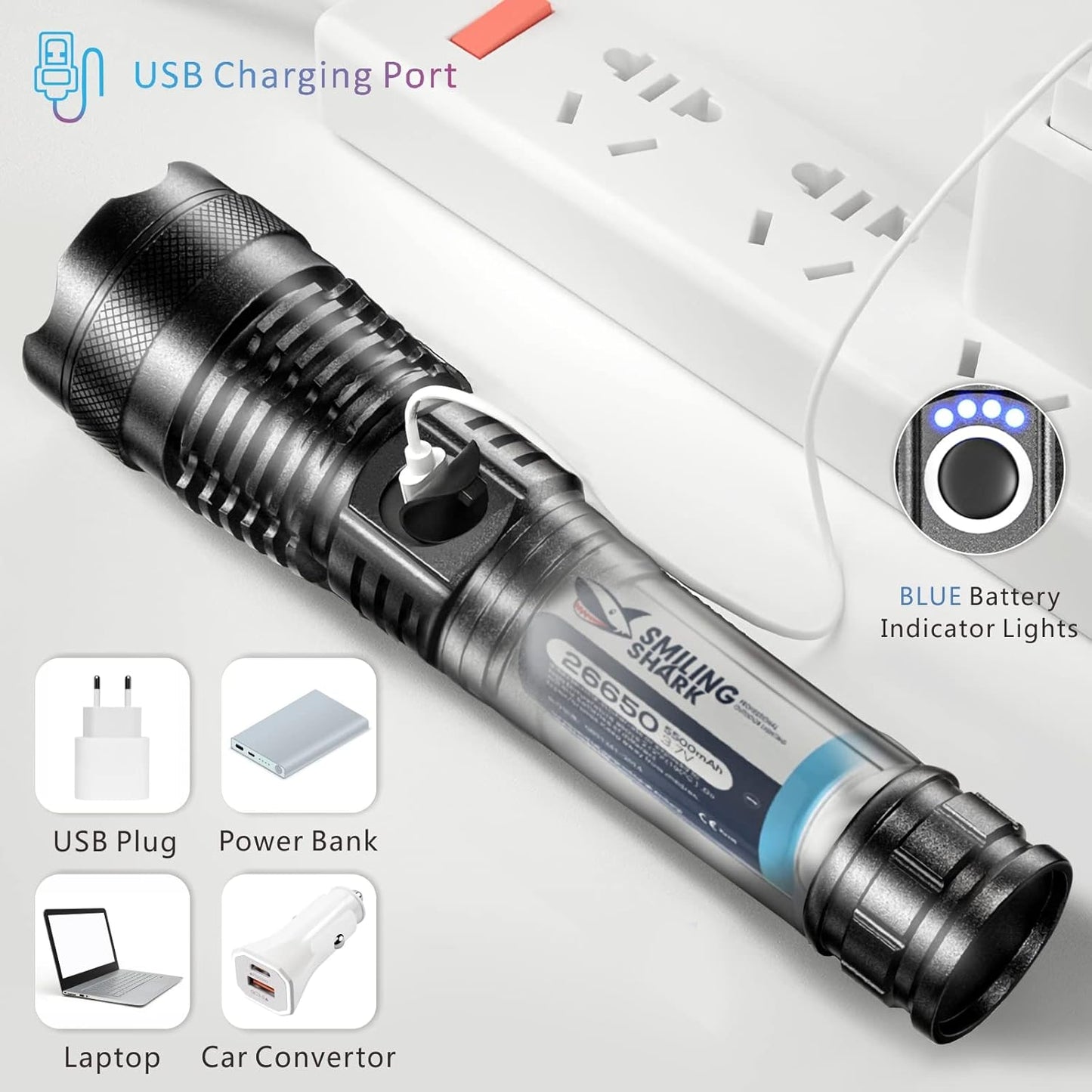 Flashlight, LED Torch Rechargeable Flashlights 2000 Lumen, Pocket Tactical Torch with USB Charging 3500mAh Battery, 5 Modes, Zoomable IPX6 Waterproof Electric Flash Light for Emergency Camping Outdoor
