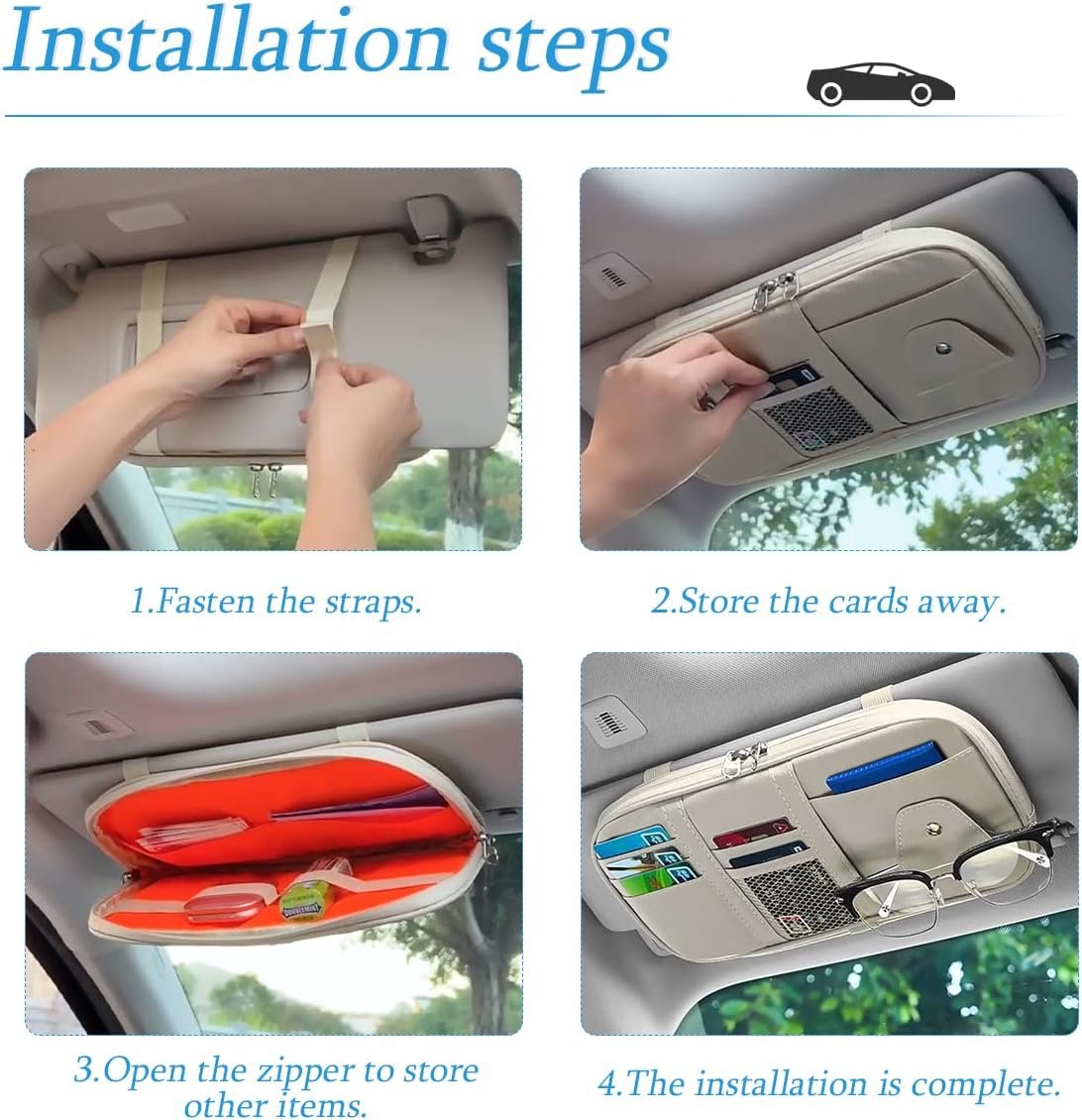 Car Sun Visor Organizer, Sunglass Holder and Storage Pocket, Card Cash Pouch with Multi-Pocket Net Zipper, Case Bag for License Pen Key, Auto Interior Accessories for Truck, SUV, Van (Purple)