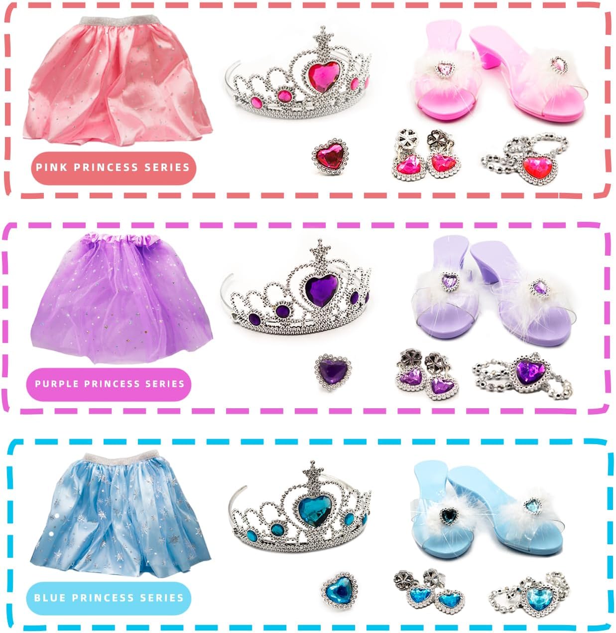 Princess Dress-Up Toys and Jewelry Set – Colorful Costumes with Skirts, Shoes, Crowns, and Accessories for Girls Ages 3-6, Perfect for Role Play and Dress-Up Fun