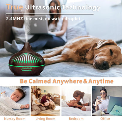 Essential Oil Diffuser, Sunfuny 550ml Aromatherapy Diffuser Air Humidifier with Remote Control, Aroma Oil Vaporiser, Ultrasonic Fragrance Defuser with RGB LED Light, Gift (Hollow Dark Wood Grain)