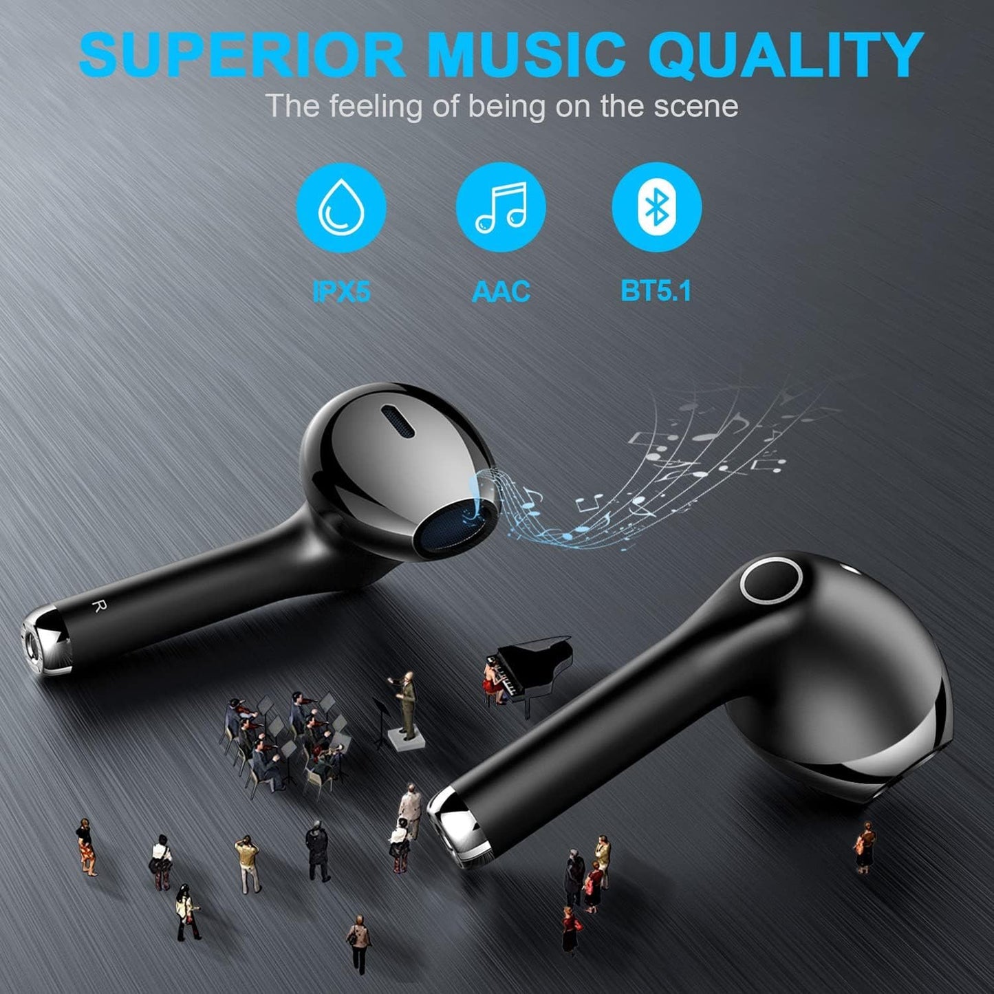 yobola Wireless Earbuds, Wireless Earphones, IPX5 Waterproof Bluetooth Earphones 5.1 Built-in Microphone, Bluetooth Earbuds Touch Control, 25 Hrs with USB-C Charging - Black