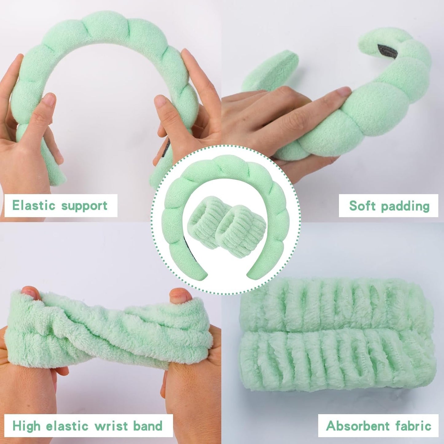 Spa Headband Washing Face Women - Sponge Headbands for Girls Skincare Makeup Removal Bubble Soft Terry Towel Cloth Non Slip Thick Puffy Hair Accessories Wristband Set Mask Skin Treatment (Green)