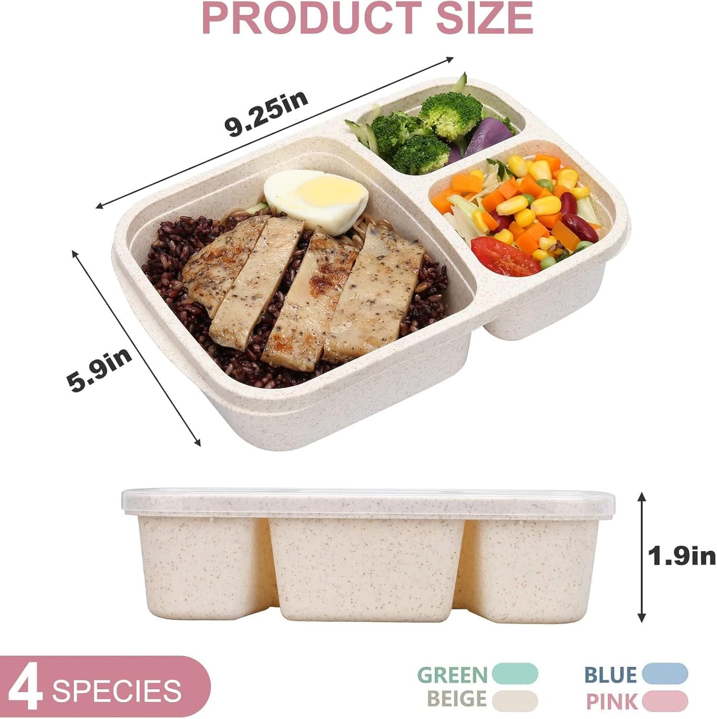 4 Pack Bento Lunch Box 3 Compartment Lunch Containers for Kids,BPA Free Plastic Divided Food Meal Prep Containers Reusable,for Schools,Work and Travel