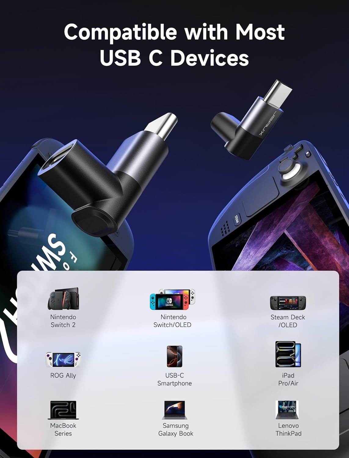 JSAUX 90 Degree USB-C Male to USB-C Female Adapter, Right Angle 2-Pack 40Gbps Data Transfer 100W USB Type C PD Extender Compatible with ROG Ally, Steam Deck, Switch and More Laptop, Tablet, Phone