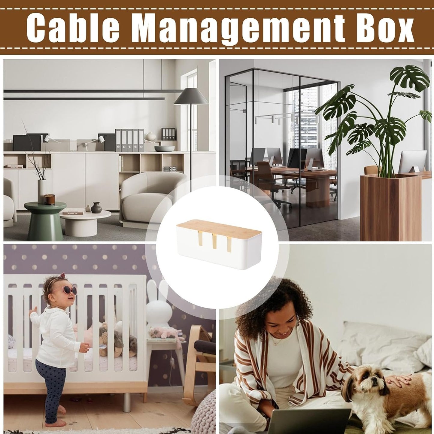 Cable Box Organizer | Wire Management Box,with Wooden Cover Cord Case for USB Hub System Power Strip Living Room Workstation Home TV Computer