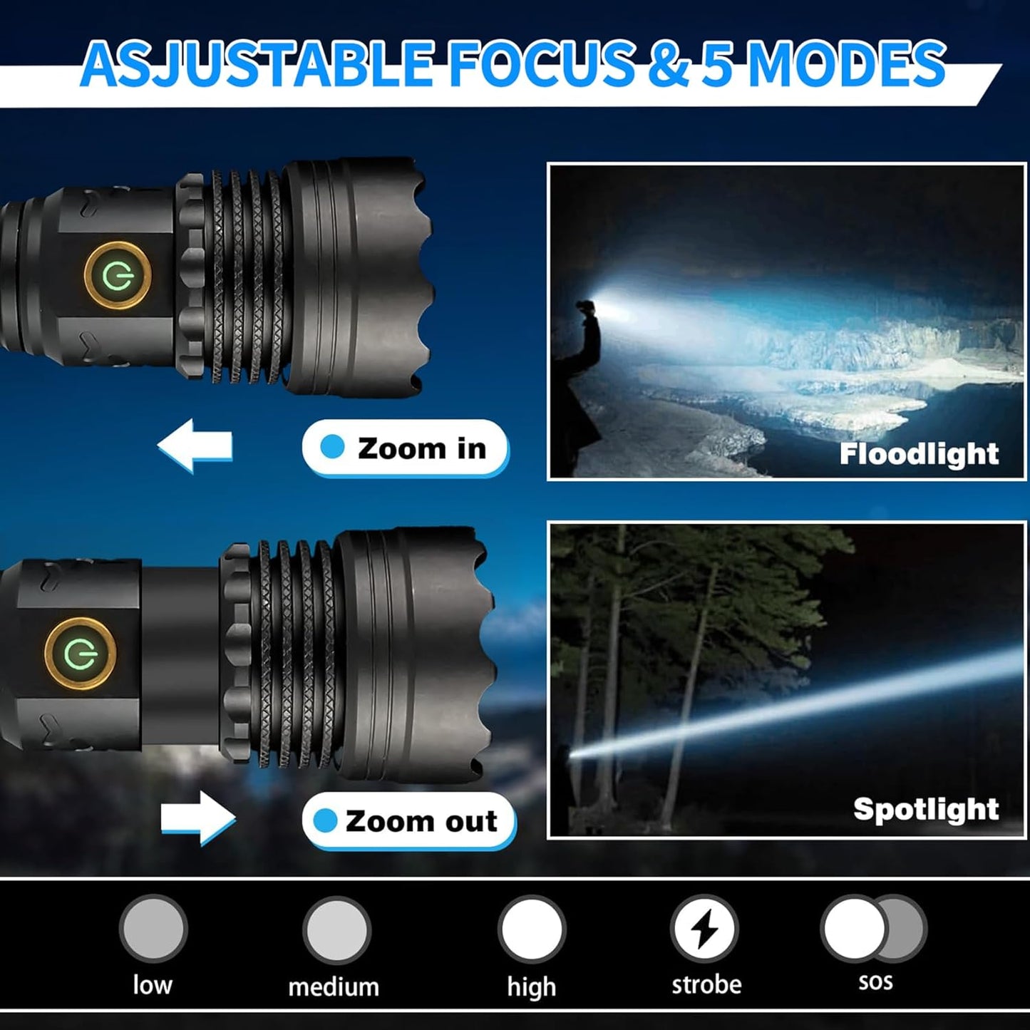 ASORT LED Torch Rechargeable Flashlight with High Lumens, 30000 Lumen Super Bright Torch, Powerful Zoomable IP67 Waterproof, Powerful Handheld Tactical Flashlight for Emergency Camping Hiking Gift