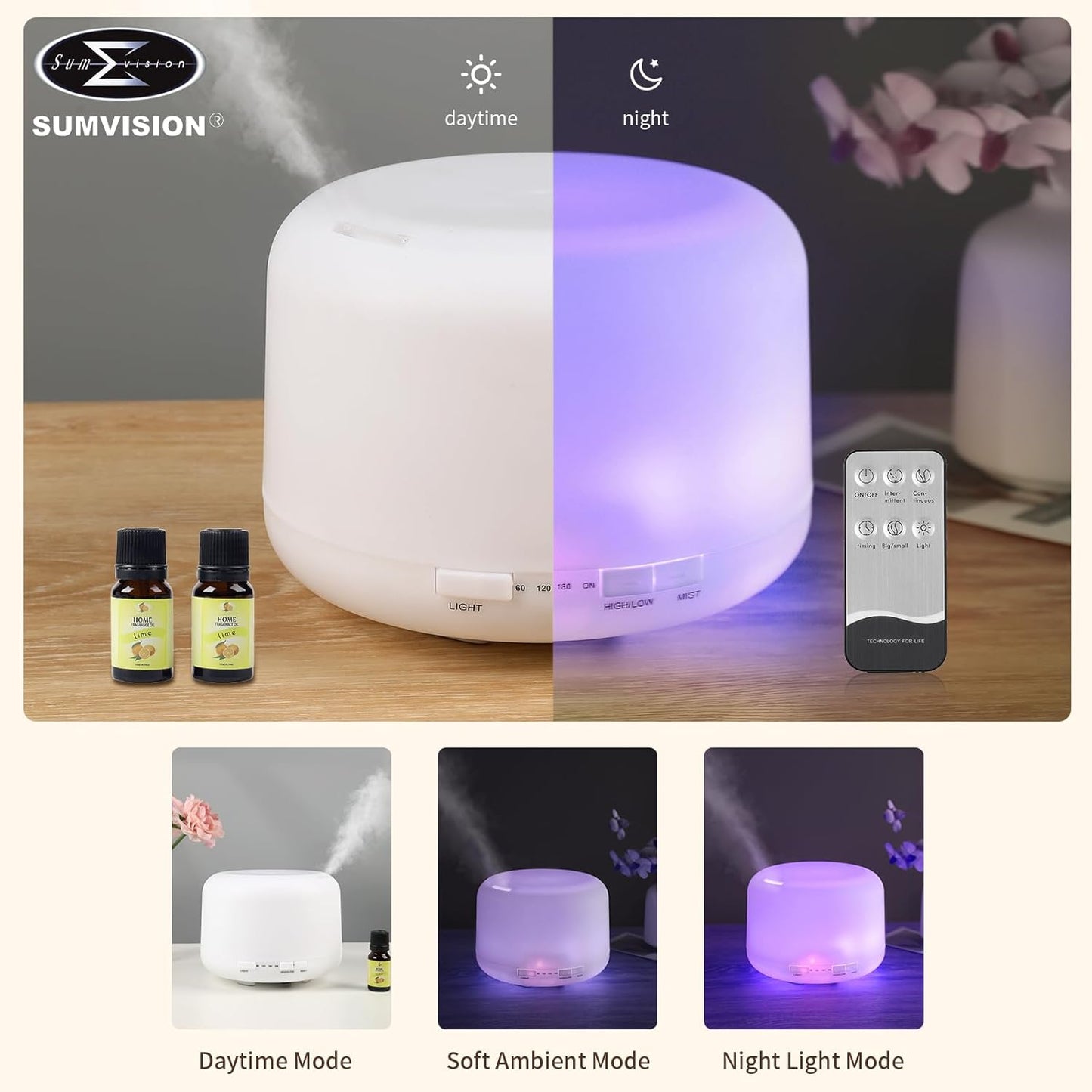 Humidifier Electric Diffuser SUMVISION 500ml Lavender Essential Oils Air Fresheners For Home Decor Baby Bedroom Diffusers LED Night Light with Remote Control Timer Aromatherapy (FREE UK TECH SUPPORT)