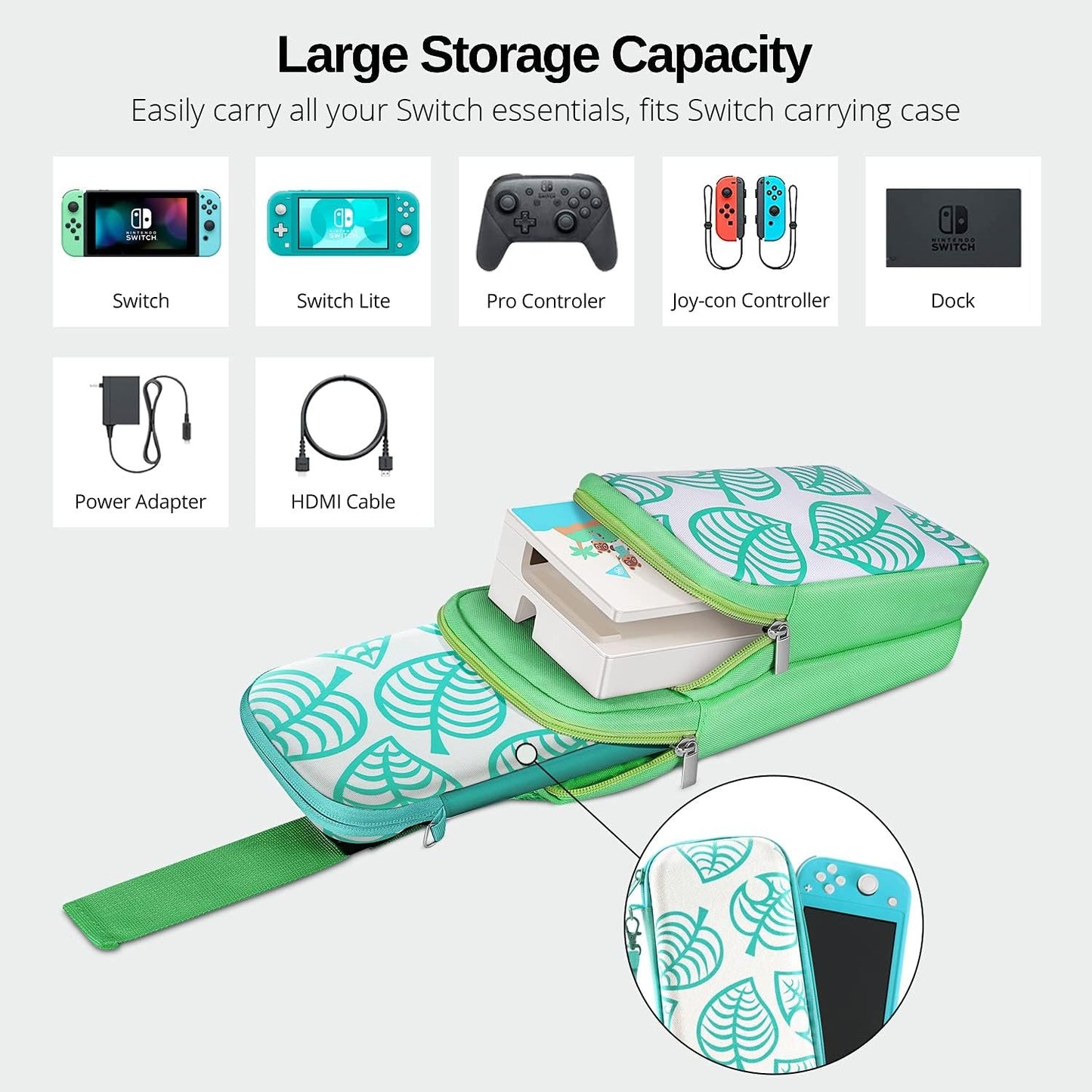 TNP Switch Bag, Travel Bag Compatible with Nintendo Switch & Switch Lite - Shoulder Bag Travel Case Cute Portable Carrying Backpack for Animal Crossing Games Accessories Console & Dock Charger - Green