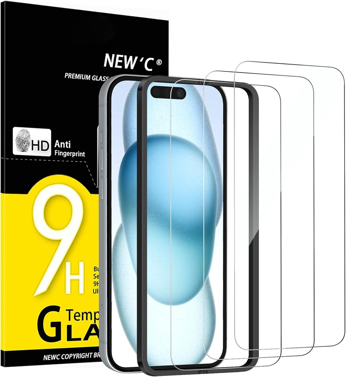 NEW'C [3 Pack] Designed for iPhone 16,15 (6.1 inches) Screen Protector Tempered Glass with easy installation tool included,Case Friendly Ultra Resistant