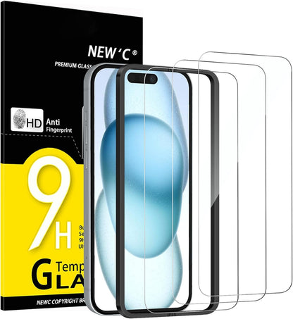 NEW'C [3 Pack] Designed for iPhone 16,15 (6.1 inches) Screen Protector Tempered Glass with easy installation tool included,Case Friendly Ultra Resistant