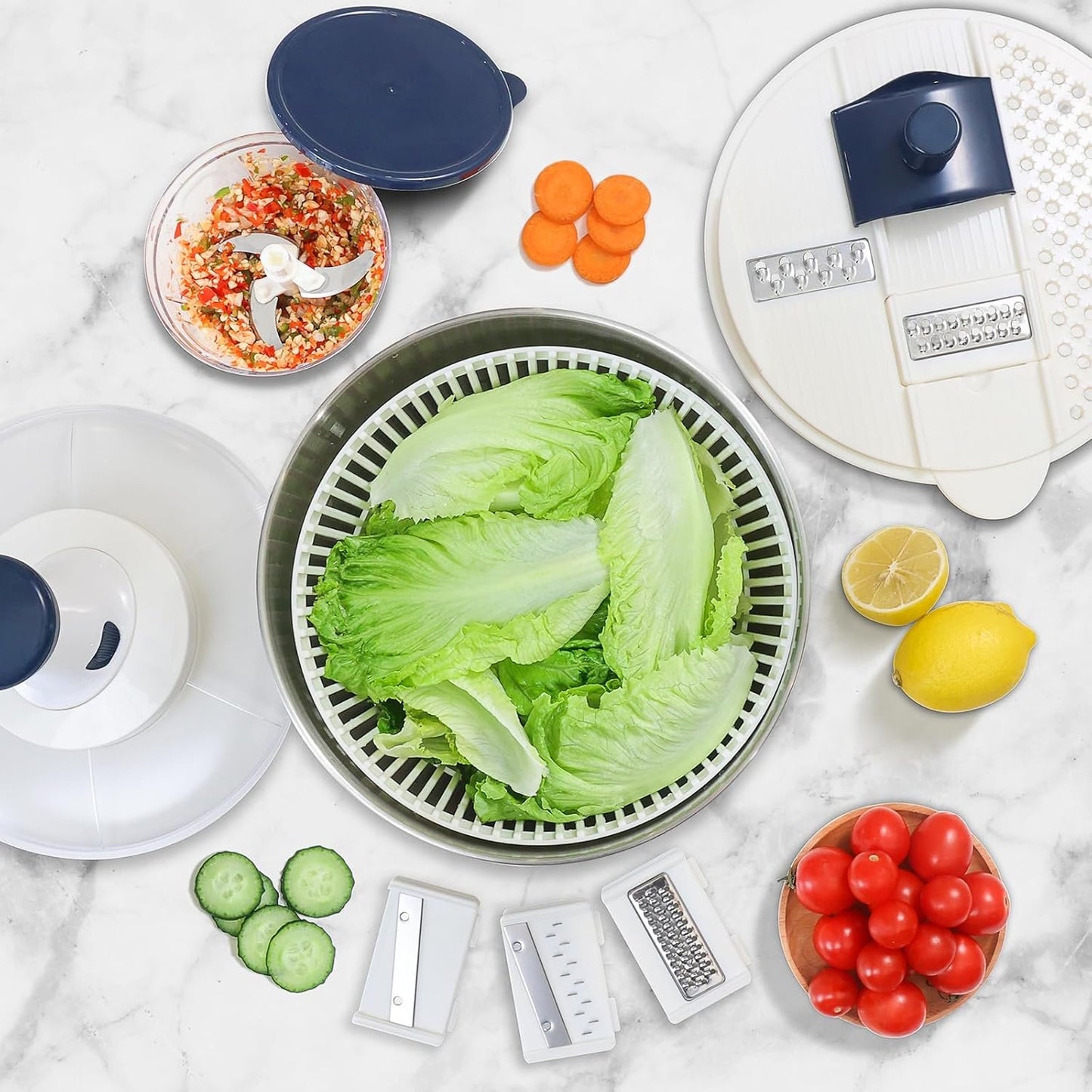 Rorence 3 in 1 Stainless Steel Pump Salad Spinner Food Chopper Set: Large Collapsible Lettuce Spinner, Chopper for Vegetable Slicer and Dicer, 5 QT Mixing Bowl with 5 Graters