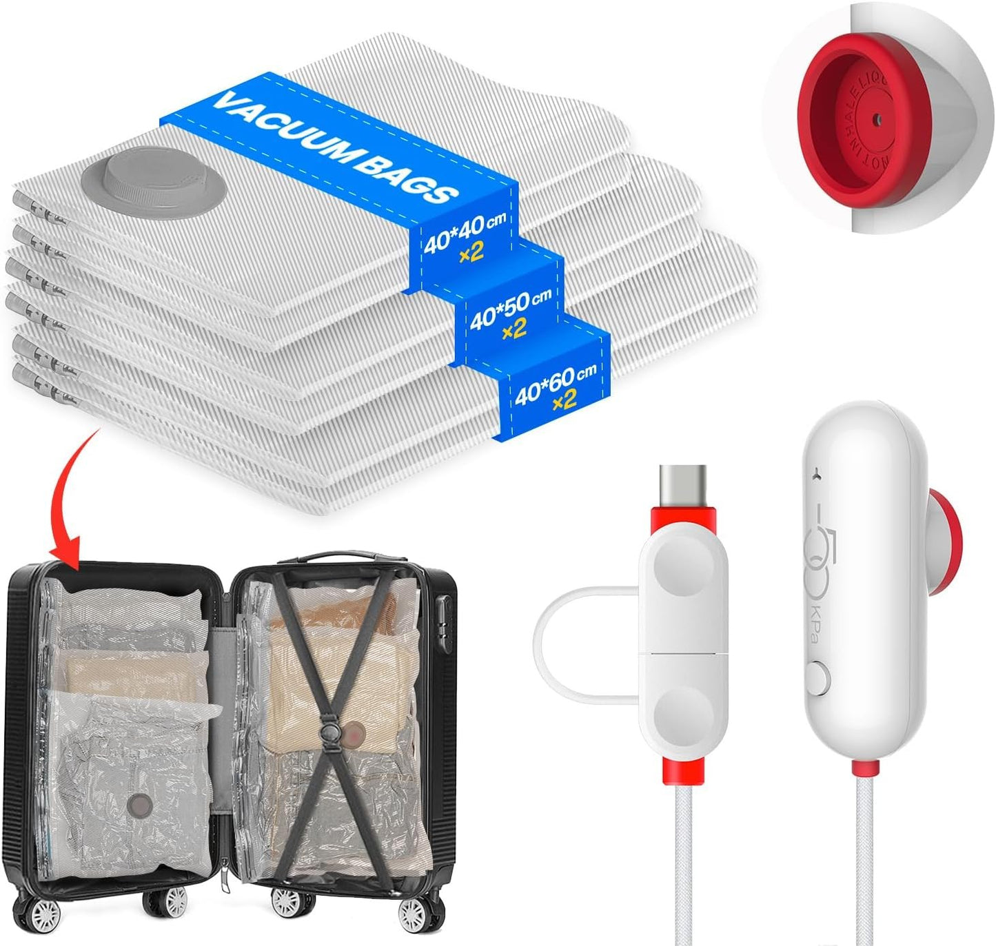 Vacuum Bags Clothes with USB Pump, Pack of 12 Vacuum Bags for Clothing (4 x 40 x 40 cm, 4 x 40 x 50 cm, 4 x 40 x 60 cm), Reusable Vacuum Bags for Travel - Space Saving Travel Essentials
