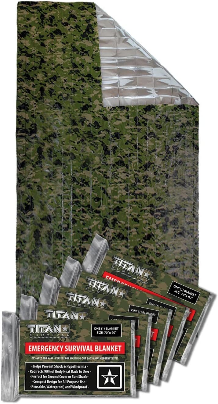 TITAN Survival XL Mylar Survival Blankets 5 Pack 70” x 90” - 90% Heat Retention & Waterproof Design - Emergency Blanket Cold Weather Protection & Survival Kits - Durable Space Blanket for Outdoor Use