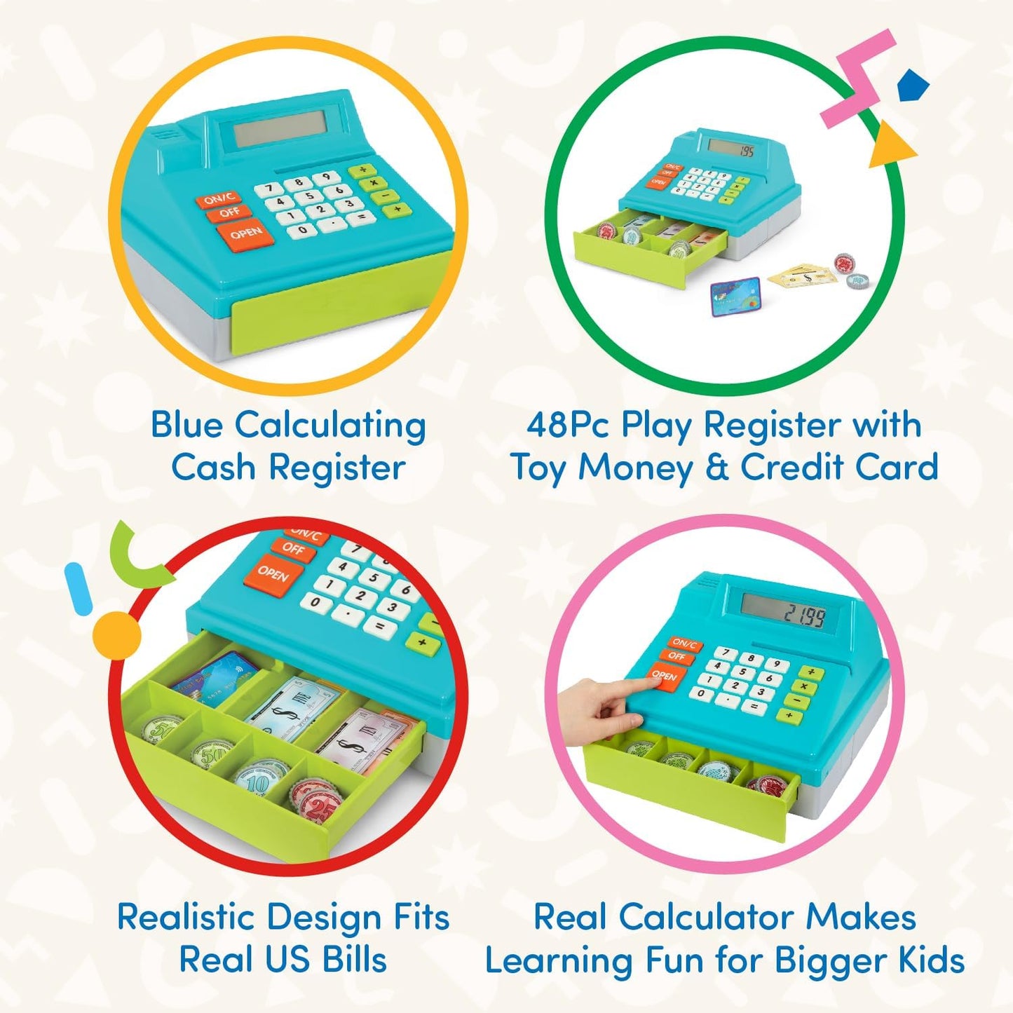 Battat Toy Cash Register For Kids, Toddlers - 48Pc Play Register With Toy Money, Credit Card - Blue Calculating Cash Register - Pretend Play Toy - 3 Years + - Blue Calculating Cash Register