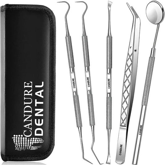 Candure Dental Tools - Professional Teeth Cleaning Kit, Stainless Steel Dental Picks, Plaque Remover, Tartar Scraper, Dental Mirror, Tooth Scraper, Dental Hygiene Kit - with Case