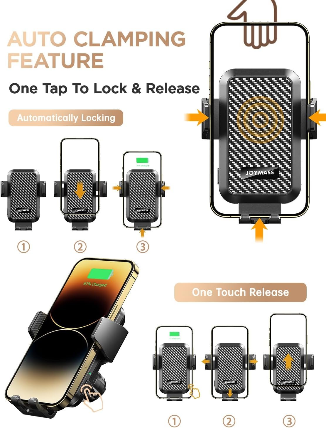 Wireless Car Charger, Phone Holders, 15W Auto Clamping Phone Mount Car Accessories for iPhone 16 15 14 13 12 Mini Pro Max 11, Samsung Galaxy S24 Ultra S23 S22+ Note 20, etc - Dark Black