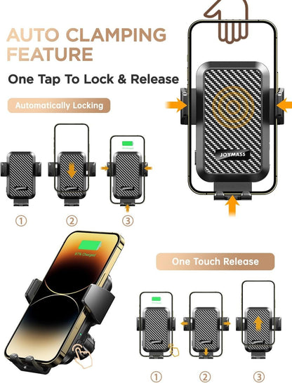 Wireless Car Charger, Phone Holders, 15W Auto Clamping Phone Mount Car Accessories for iPhone 16 15 14 13 12 Mini Pro Max 11, Samsung Galaxy S24 Ultra S23 S22+ Note 20, etc - Dark Black