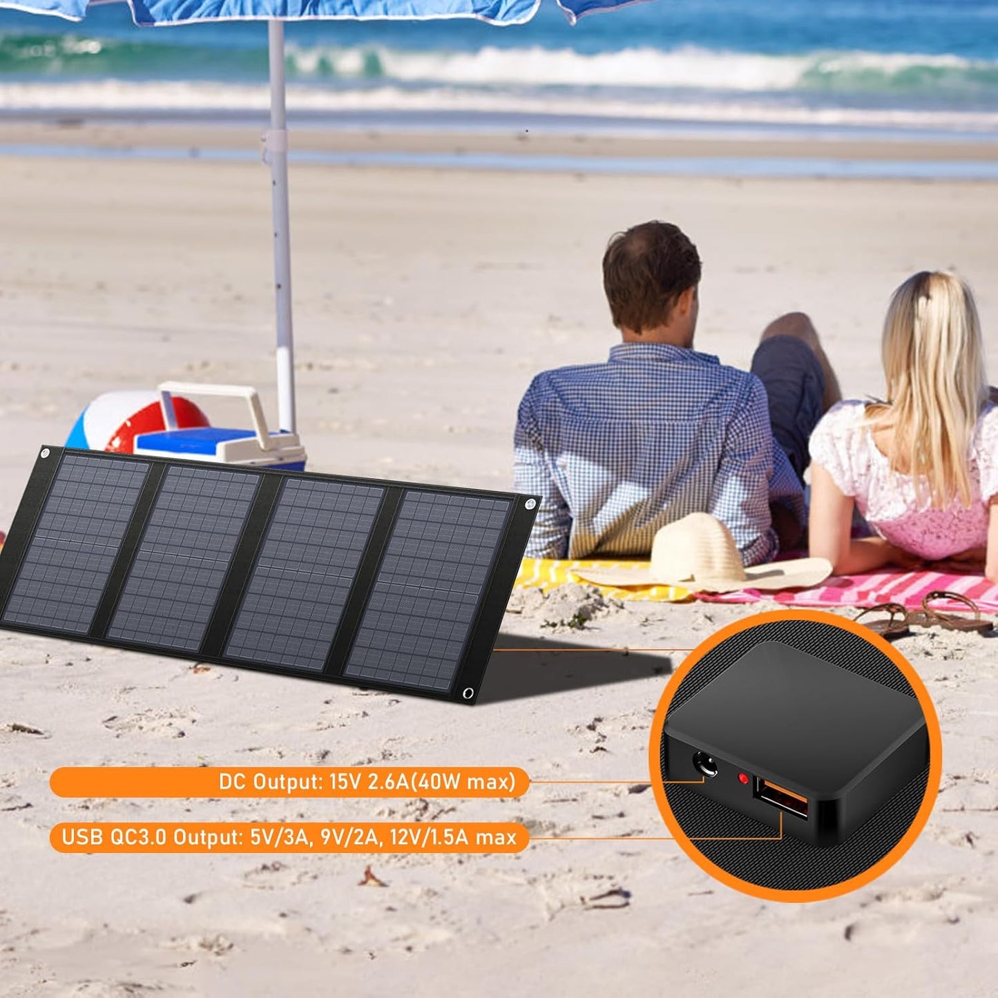 40 Watt Portable Solar Panel for 100W~200W Portable Power Station, Foldable Solar Charger with 12-15V DC Output (11 Connectors) and Adjustable Kickstand,USB QC3.0 Port for Camping Hiking Van RV Trip