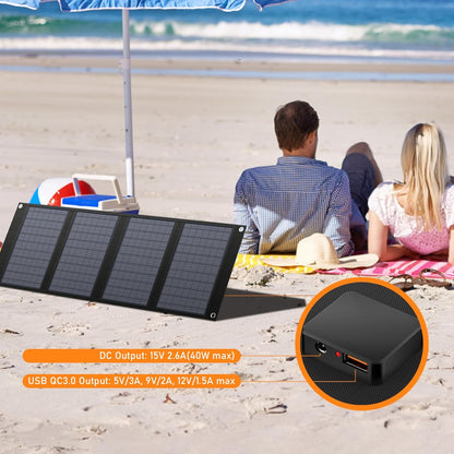 40 Watt Portable Solar Panel for 100W~200W Portable Power Station, Foldable Solar Charger with 12-15V DC Output (11 Connectors) and Adjustable Kickstand,USB QC3.0 Port for Camping Hiking Van RV Trip