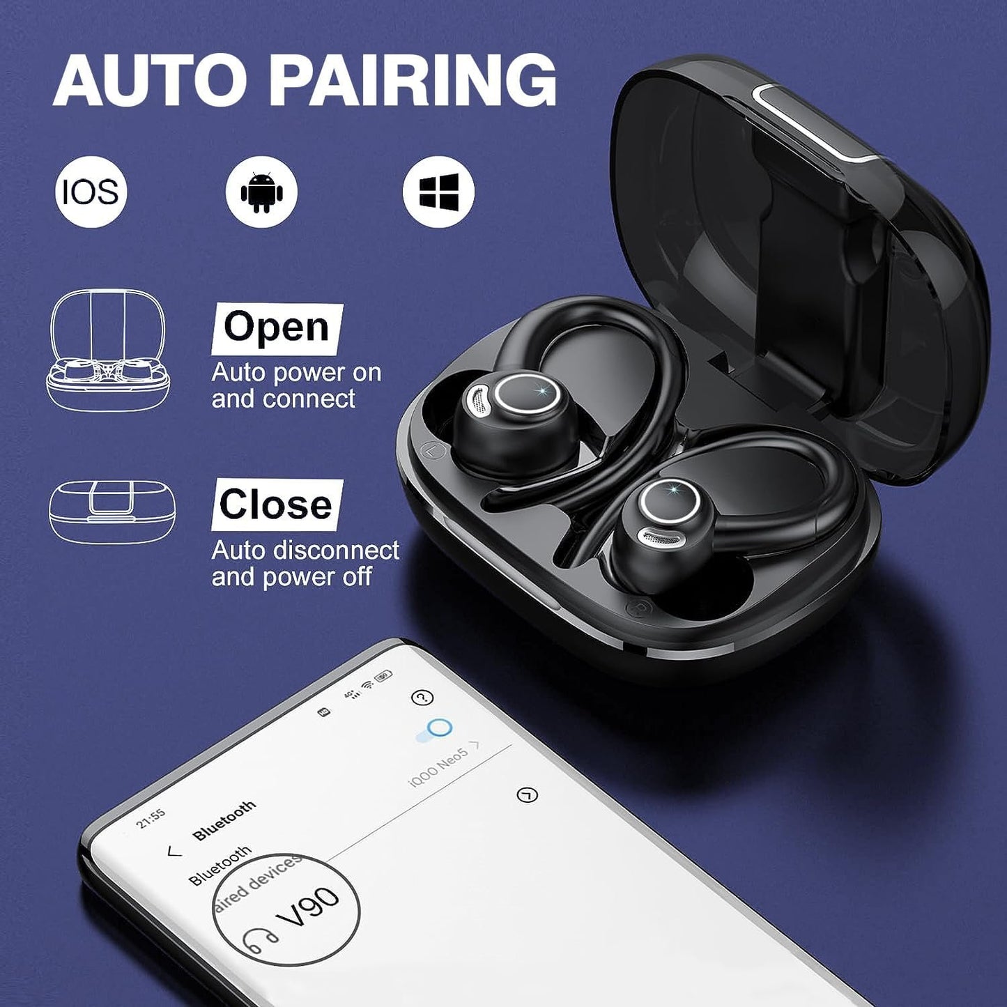 Wireless Earbud Bluetooth 5.3 Over-Ear Sport Headphones Touch Control Hi-Fi Stereo True TWS in Earphones IP6 Waterproof 48H Playback LED Power Display Noise Reduction Headset for Gym