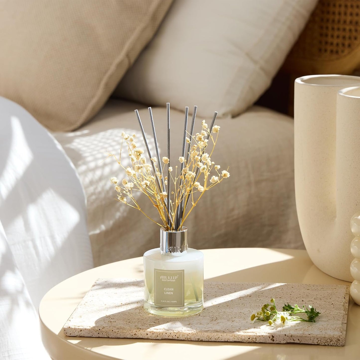 Airkeep Reed Diffuser Set,3.38 fl oz (100 ml) - Clean Linen Oil Diffusers with 8 Reed Sticks,Home Fragrance for Bathroom Shelf Decor