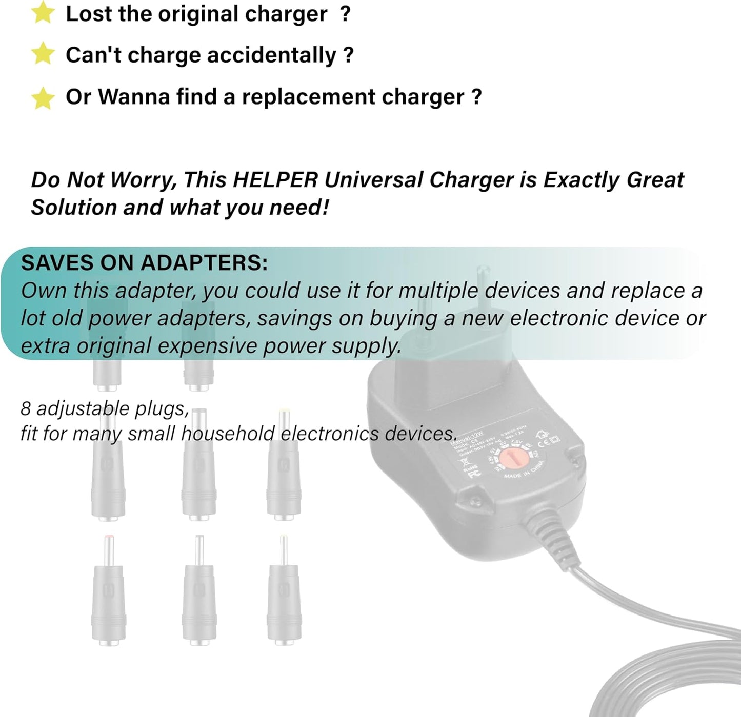 12W Universal AC to DC Power Supply 3 V 4.5 V 5 V 6 V 7.5 V 9 V 12 V 1 A, Multi-voltage Adapter with 8 DC Plugs for Home Electronics
