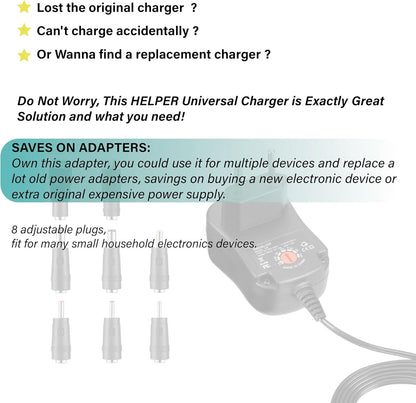 12W Universal AC to DC Power Supply 3 V 4.5 V 5 V 6 V 7.5 V 9 V 12 V 1 A, Multi-voltage Adapter with 8 DC Plugs for Home Electronics