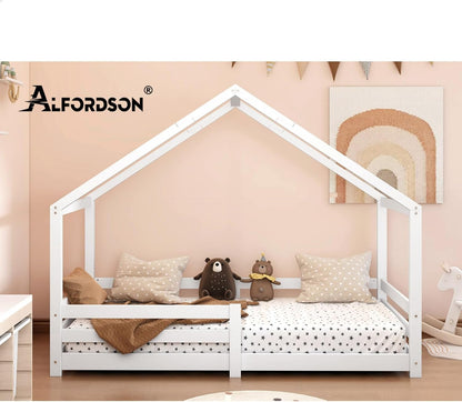 ALFORDSON Kids Bed Frame Wooden Timber House Frame Single Size Mattress Base Platform, Pine Wood Bed Base Foundation Children's Beds, Nellie Series Bedroom Furniture in White Colour