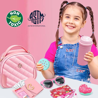 Kids Pretend Play Little Girl Purse Accessories, Princess Toy Cell Phone w/ Light & Sound, Fake Makeup, Wallet, Keys, Credit Card, Play Water Bottle Valentine Birthday Gift Toys for Girls