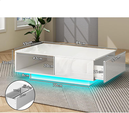 ALFORDSON LED Coffee Table with Sliding Drawer and Open Shelf, Spacious Tabletop Dining Table for Living Room Office Reception, Center Table with RGB Light, White